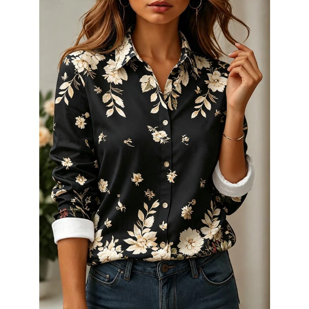 Floral Print Women Blouse Spring Autumn Femme Office Lady Button Up Turn Down Collar Shirts