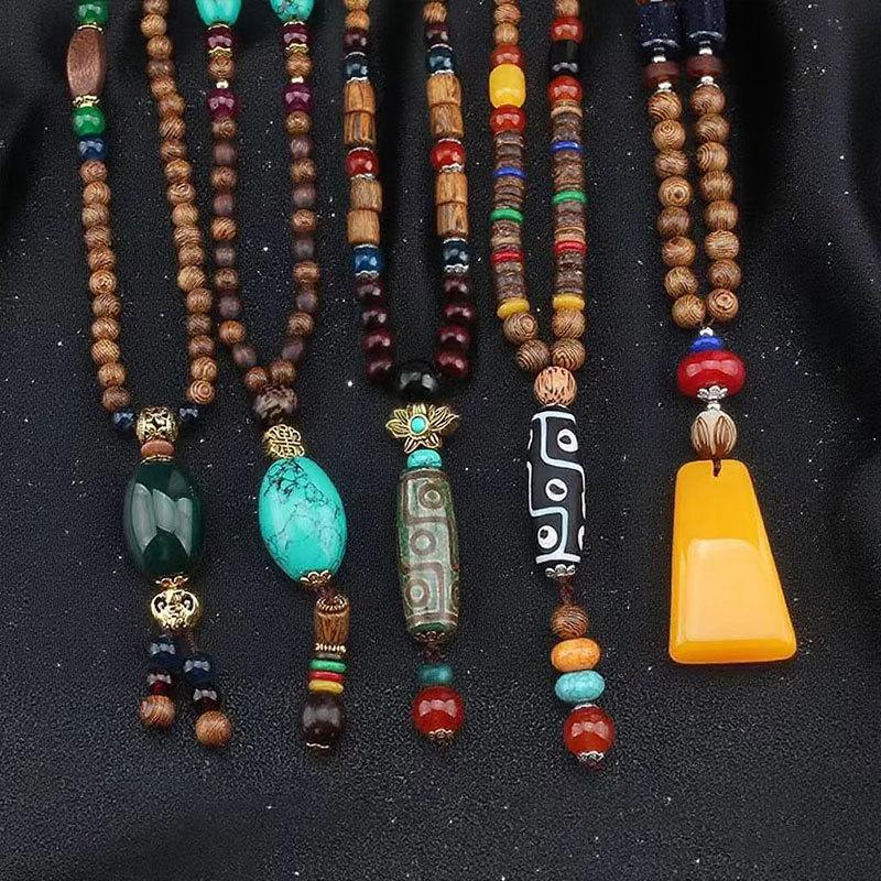 Stile Etnico Retrò Catena Lunga per Maglione Ciondolo in Pietra Bodhi con Diamante Collana con Perline di Legno Ciondolo in Cotone e Lino Tibetano Collana con Perline di Buddha