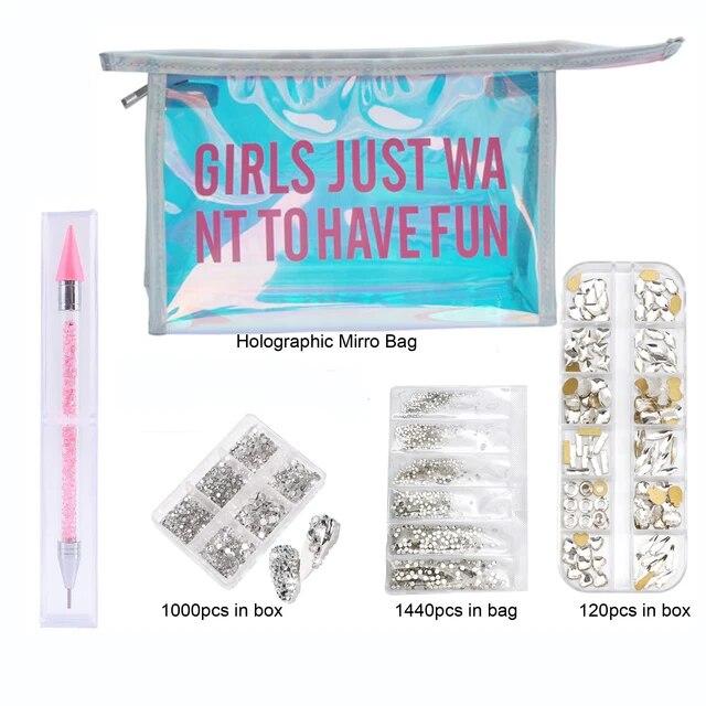 Sada kamínků bez fixace/křišťálové sklo Hotfix kamínky v zrcadlové foliové taštičce manikúrové pero Štrasové příslušenství pro zdobení nehtů