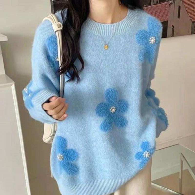 Milk Blue Soft Sweater Women's Fall and Winter Beaded Flowers Design Sense of Niche Fashion Foreign Sweet Comfortable and Versatile