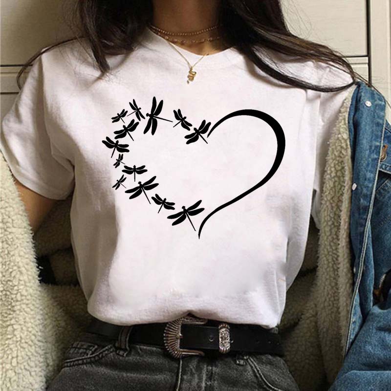 New Love Heart Dragonfly Print Women T-Shirt Fashion Casual Short Sleeves Ladies O-Collar T Shirts Streetwear Graphic Print Tops