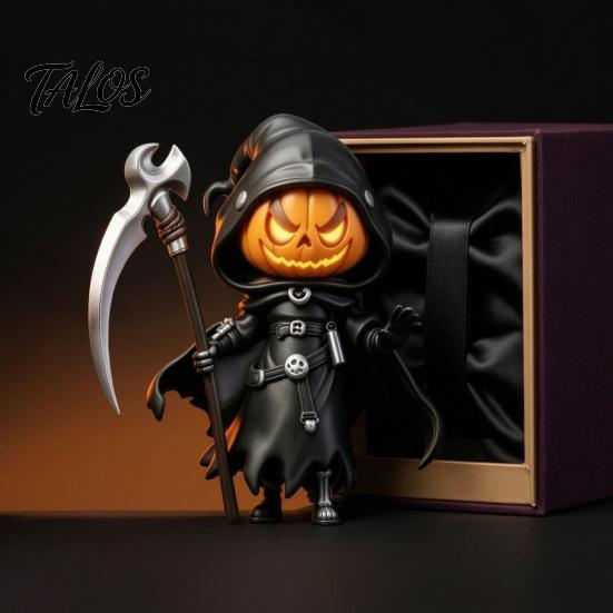 Integrated Resin Craft Ornaments Halloween Pumpkin Reaper Statue, Hooded Ornament, Black Robe Figurine Detailed Statue with Sickle Desktop Decor