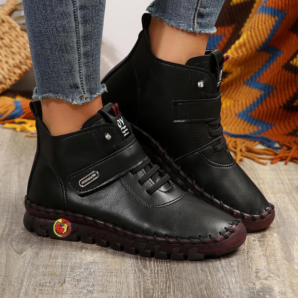 Winter Plush Women's Boots Oxford Handmade Sewing Soft Soled Sneakers Leather Ankle Boots for Women Warm Plush Cotton Shoes