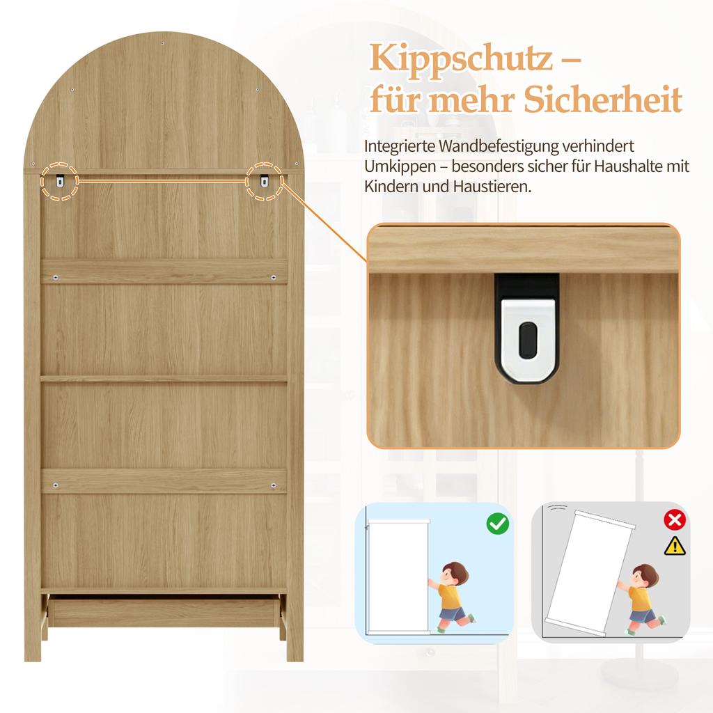 Moderner hoher Schrank in Bogenform mit Einlegeböden und Schublade - Vitrine mit höhenverstellbaren Regalen für Wohnzimmer, Arbeitszimmer, Esszimmer
