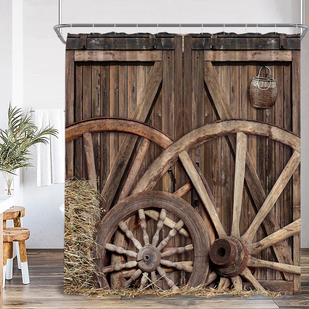 Rustic Barn Door Shower Curtains Rural Life Green Vines Wheel Wooden Plank Door Bath Decor Vintage Western Cowboy Bath Curtain