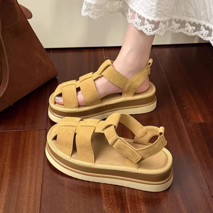 Small leather platform Roman sandals women's 2025 summer Velcro heightening lightweight woven pig cage beach shoes