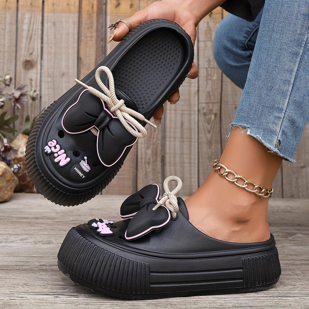 Women's Bow Decor Platform Clogs, Stylish Closed Toe Summer Beach Slide Shoes, Fashion Outdoor Lace-up Beach Garden Sandals