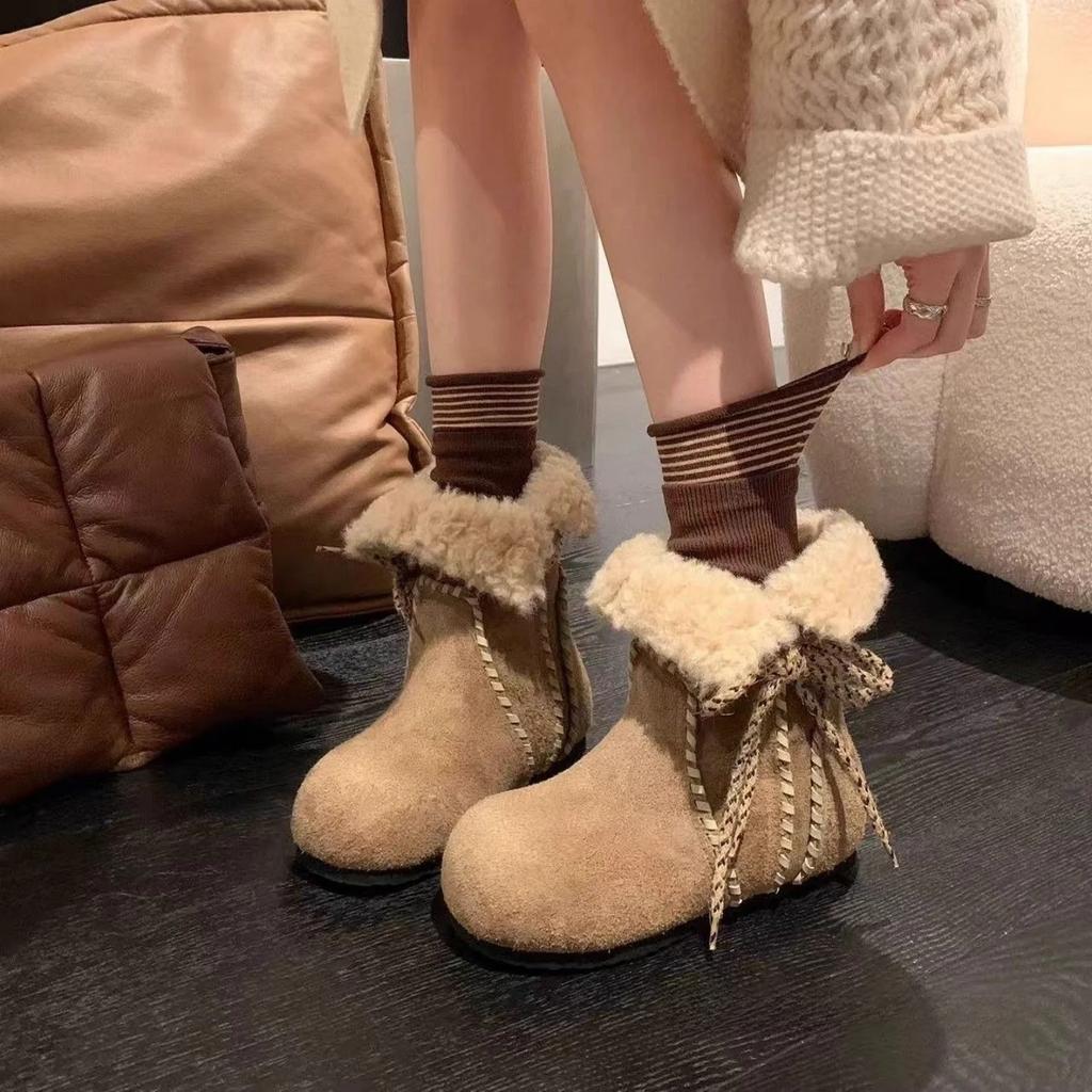Warmth Snow Boots Women's Winter New Style Leather Fur Integrated Inner Heightening Birkenshoes Two-Way Wearable Booties