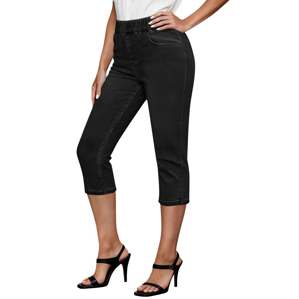 Women’s Stretch Denim Capri Pants Elastic Waistband Pull On Style with Functional Pockets for Everyday Wear