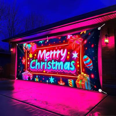 UV Activated Christmas Garage Door Cover Fluorescent 2D Flat Christmas Door Banner Lighted Holiday Cartoon Backdrop for Xmas Indoor Outdoor Wall Decor