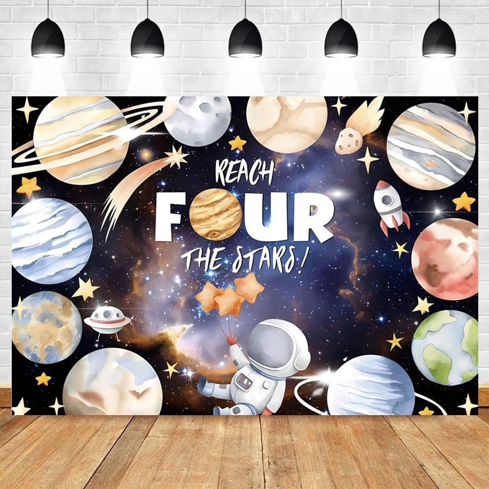 Happy Birthday Party Decor Outer Space Photography Background Custom Astronaut Rocket Galaxy Planet Photo Kids Gift Baby Shower