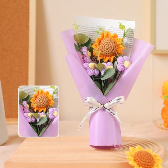 Háčkovaná Kytice Květin s LED Světlem DIY Ručně Pletený Slunečnicový Ozdoba Příze Květinová Dekorace Dárek ke Dni Matek Narozeninám