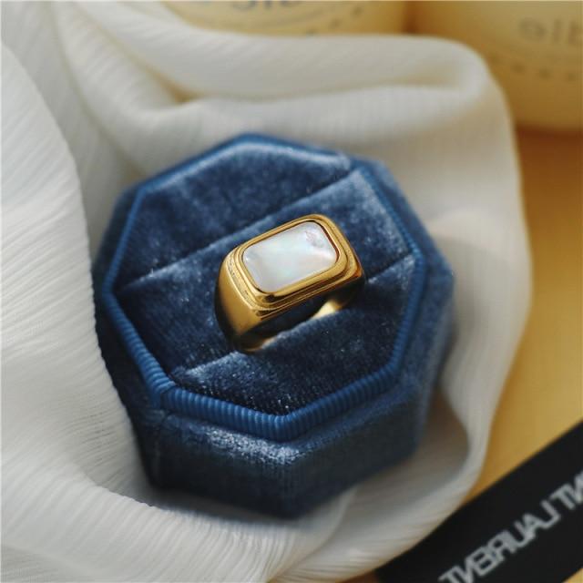 

Винтажное барочное белое квадратное кольцо из ракушки, стальное, нержавеющая сталь, нарядные женские и мужские кольца, подарок, комплект из чистого золота 18 карат 8