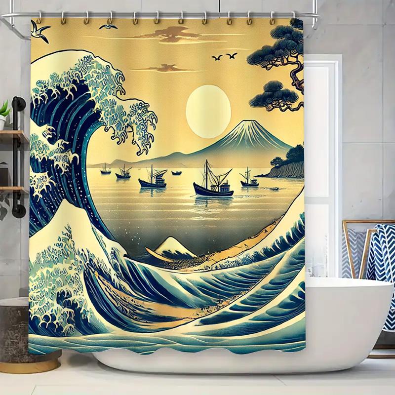 

Japanese Art Print Shower Curtain Featuring The Great Wave Off Kanagawa With Mount Fuji Views Traditional Boats Elevate Space W60H190(CM)-1 Pcs
