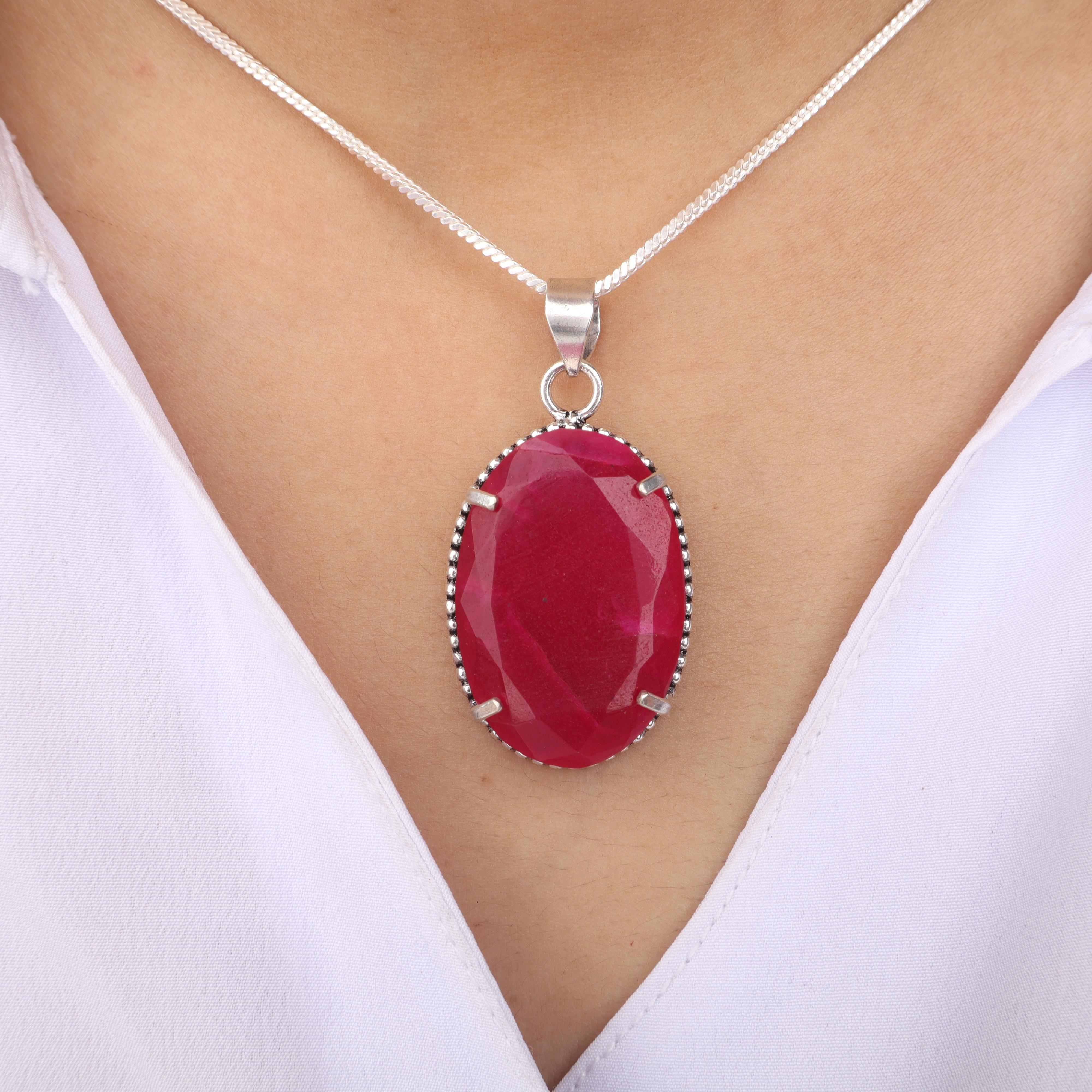 

Kashmiri Ruby Gemstone Silver Pendant, 925 Sterling Silver Customized Pendant, Handmade Prong Set Red Stone Pendant PP-63-21