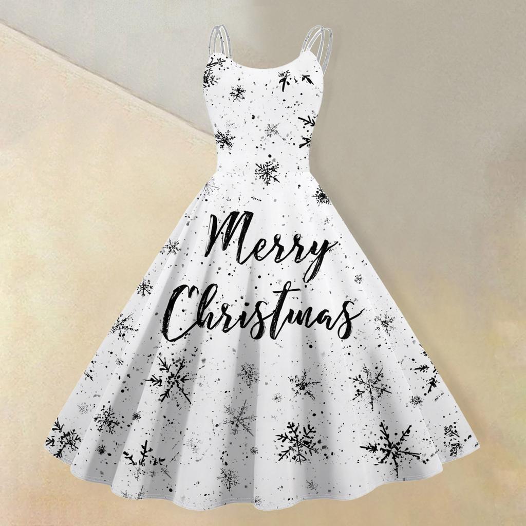 (veselé Vánoce) Dámské ležérní módní šaty s vánočním potiskem sněhové vločky/vánočního stromku/sněhuláka, s kulatým výstřihem, retro