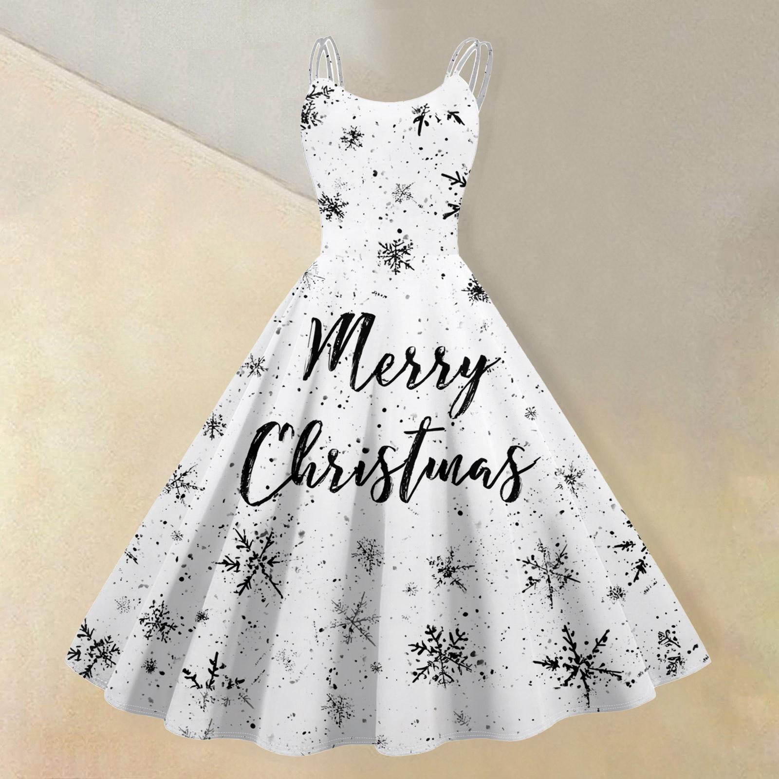 

(счастливого Рождества) Женское повседневное модное платье в стиле ретро с принтом рождественской снежинки/рождественской елки/снеговика и круглым вырезом XXL белый