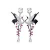 Silver Needle Rhinestone Crane Drop Earrings: High-End Creative European Luxury Ear Jewelry.