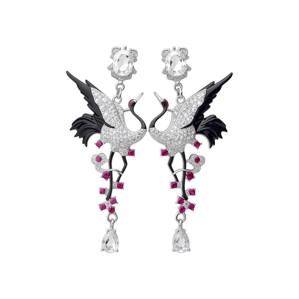 Silver Needle Rhinestone Crane Drop Earrings: High-End Creative European Luxury Ear Jewelry.