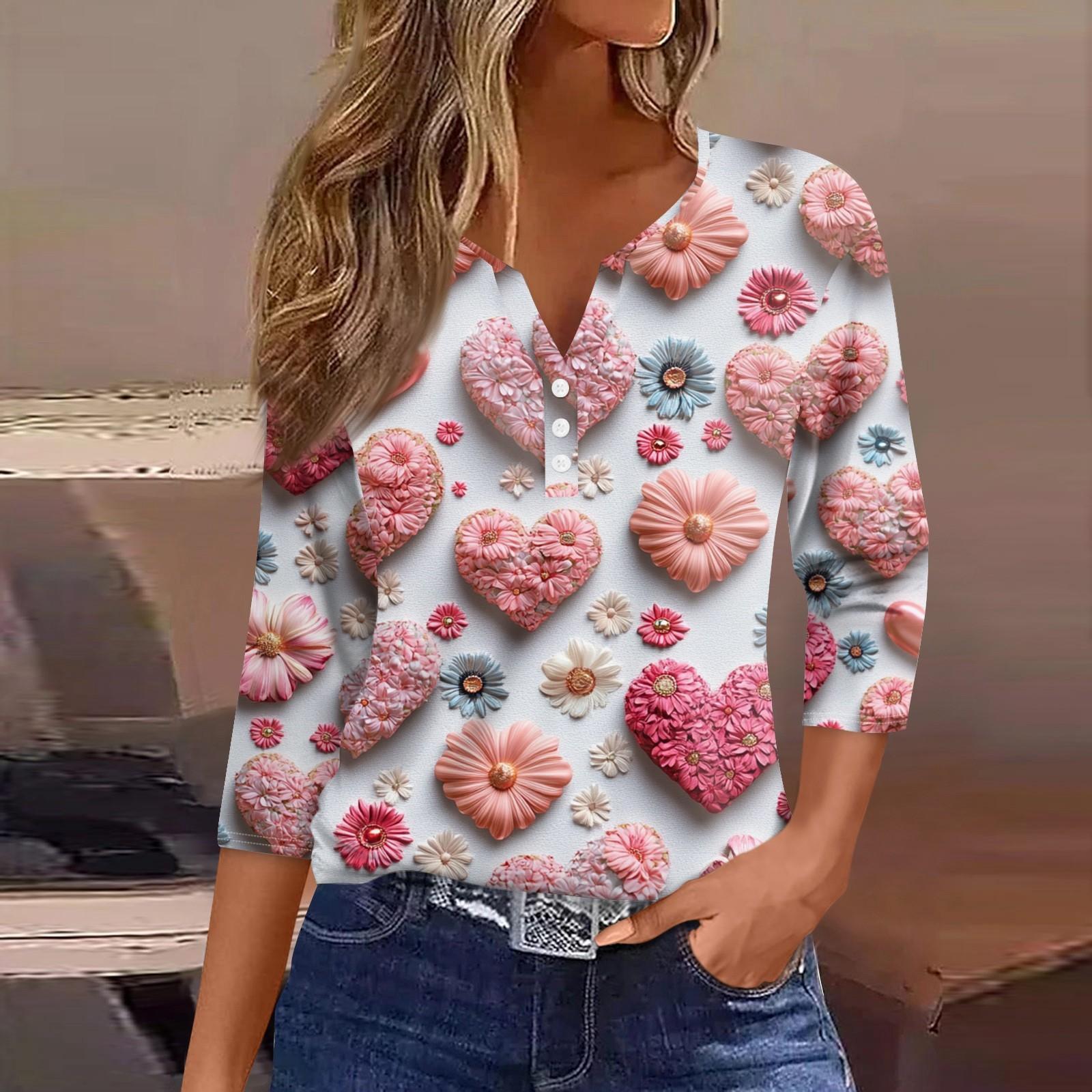 

Женская футболка с принтом ко Дню святого Валентина, на пуговицах, рукав 3/4, туника, повседневная мода на выходные, базовый топ с V-образным вырезом XL