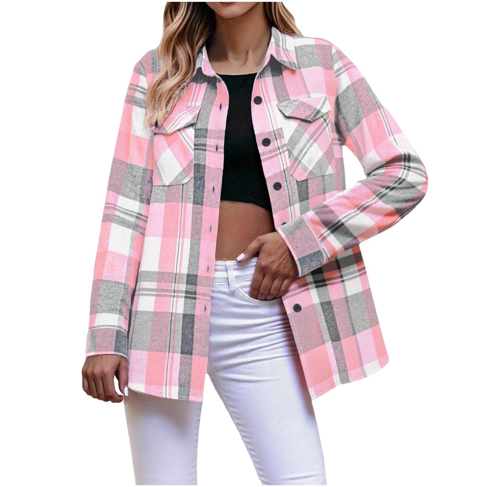 

Women s Fashion Long-Sleeve Button-Down Plaid Shirt With Pockets M розовый