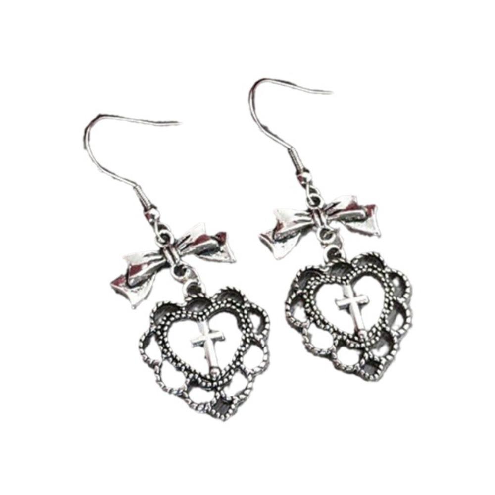 Romantic Gothic Silver Color Hollowed-out Bownot Heart-shaped Cross Wings Dangle Earrings for Women Halloween Party Jewelry Gift
