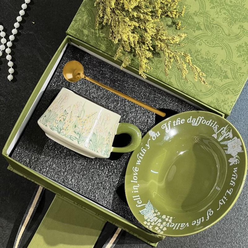 Ceramic Coffee Cup & Saucer Set with Gold Spoon