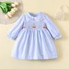 Mädchen Frühling Herbst Blau gestreiftes gerafftes Kleid Langarm Niedliche Bootsstickerei Prinzessinnenkleid