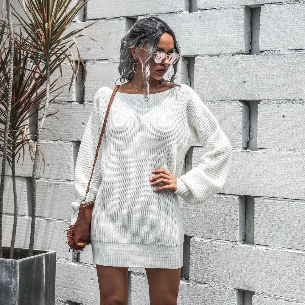 Women's Off-the-Shoulder Lantern Sleeve Knit Sweater Dress - Autumn/Winter Casual European & American Style