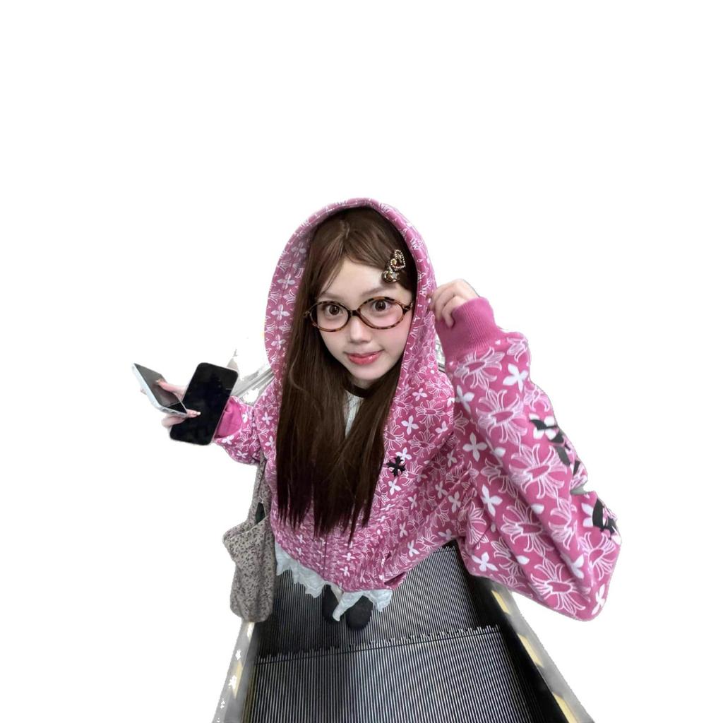 American Retro Gothic Letter Hooded Sweater Jacket Women's 2025 New Design Loose Zipper Cardigan
