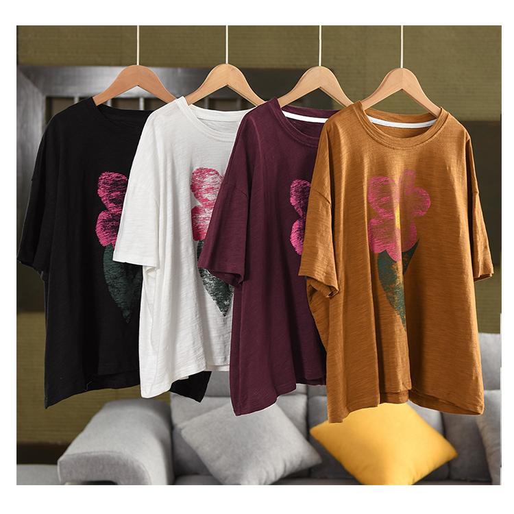 DIMANAF 2025 Summer Cotton T-shirt Women Flower Printing Short Sleeve Loose Green Blue T-shirt