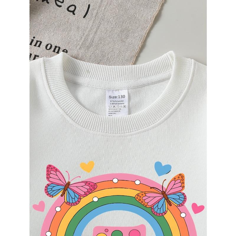 Girls' Crewneck Sweatshirt Rainbow Butterflies Hearts Number Five Machine Washable, Spring And Autumn, Sportswear And Casual Wear
