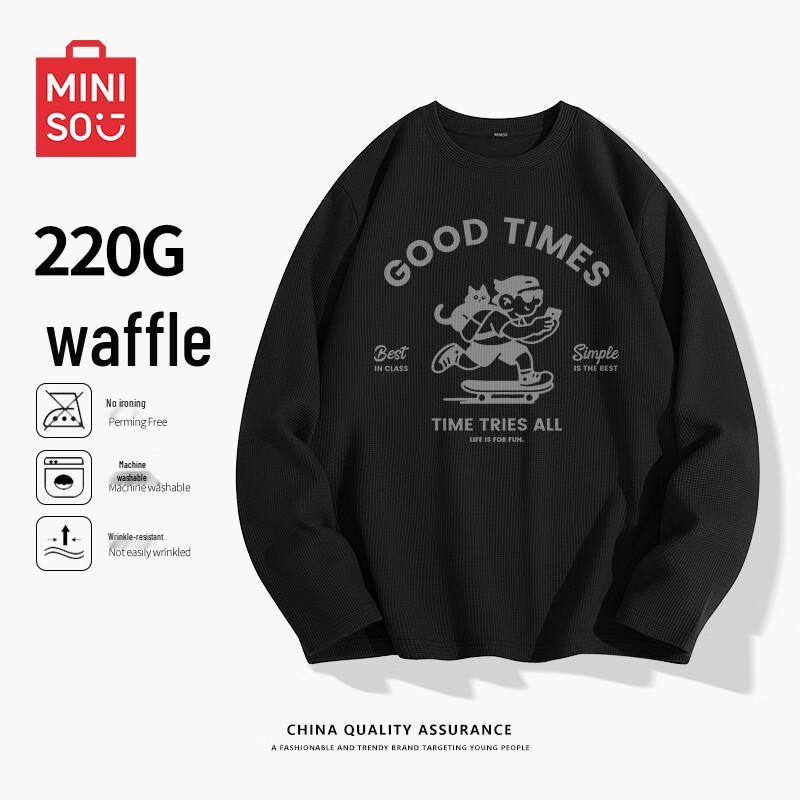 MINISO Men s American Retro Waffle Knit Long-Sleeve T-Shirt M