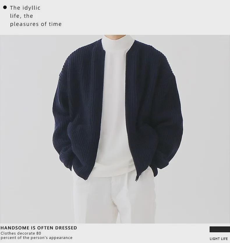 Męski kardigan dzianinowy w jednolitym kolorze na jesień/zimę 2024: Modny, Casualowy, Pasujący do wszystkiego, Okrągły dekolt, Dostępne duże rozmiary