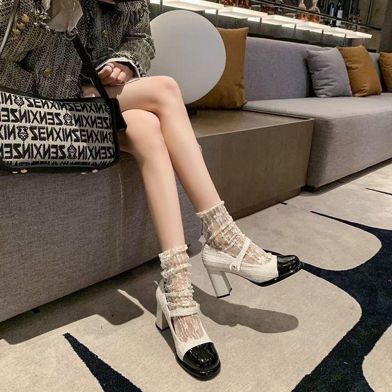 Light Mouth Single Shoes Color Matching Patent Leather High Heels Korean Version One-word Buckle Belt Fashion Mary Jane Women's Shoes 2025 New T