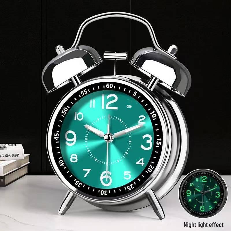 Rechargeable Metal Bell Alarm Clock with Night Light - Super Loud Wake-Up Device for Bedsides, Ideal for Students and Elderly Rooms.