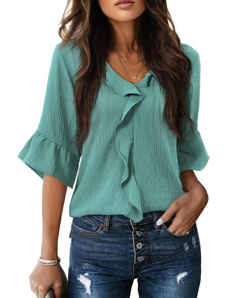 2026 Fashion Style 3/4 Sleeve Ruffle Lantern Collar Casual Top