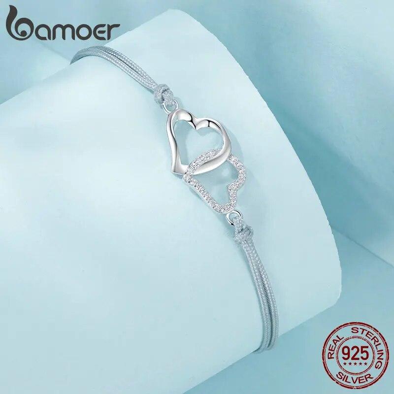 BAMOER Personalized Heart To Heart Bracelet 925 Sterling Silver Dainty Gray Rope Link Chain Bracelet for Women Teen Girls