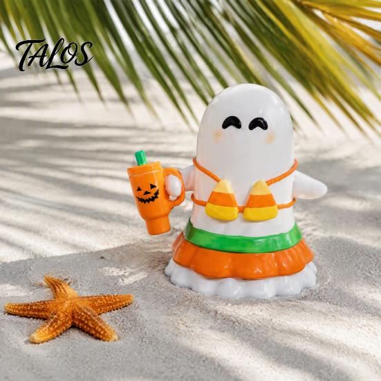 Office Desk Ghost Ornament Halloween Hawaii Bikini Figurine, Holding Pumpkin Cup Statue, Figurine Summer Vacation Resin Sculpture for Decoration