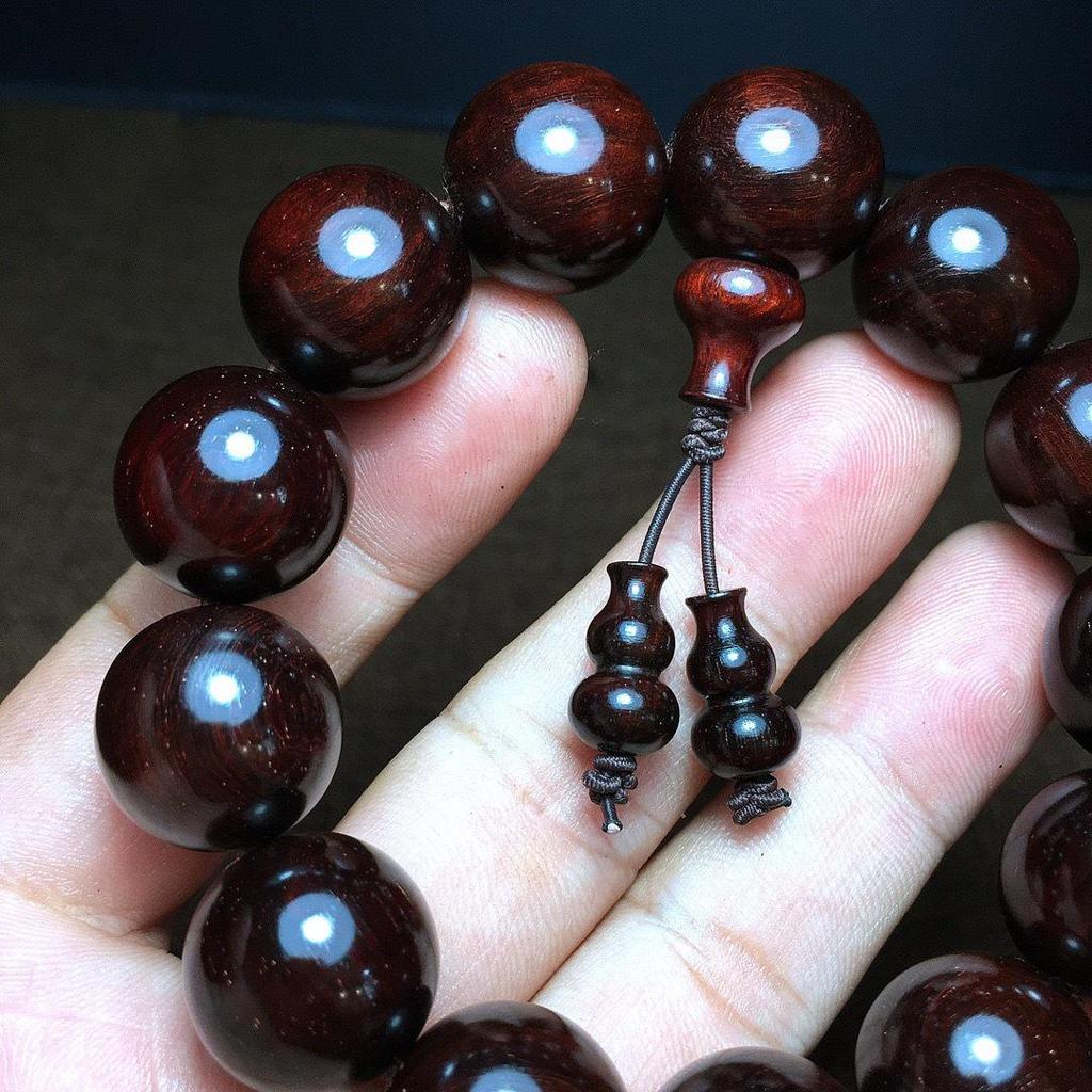 Red Sandalwood Bracelet: Small-Leaf, Golden Patina, Weathered Grain, Literary Style with 13 Prayer Beads. Perfect for Couples.