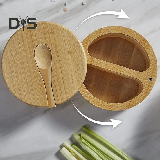 Bamboo Salt Cellar Seasoning Jar with Built-in Spoons Salt Container for Kitchen Swivel Lid Spice Box for Countertop