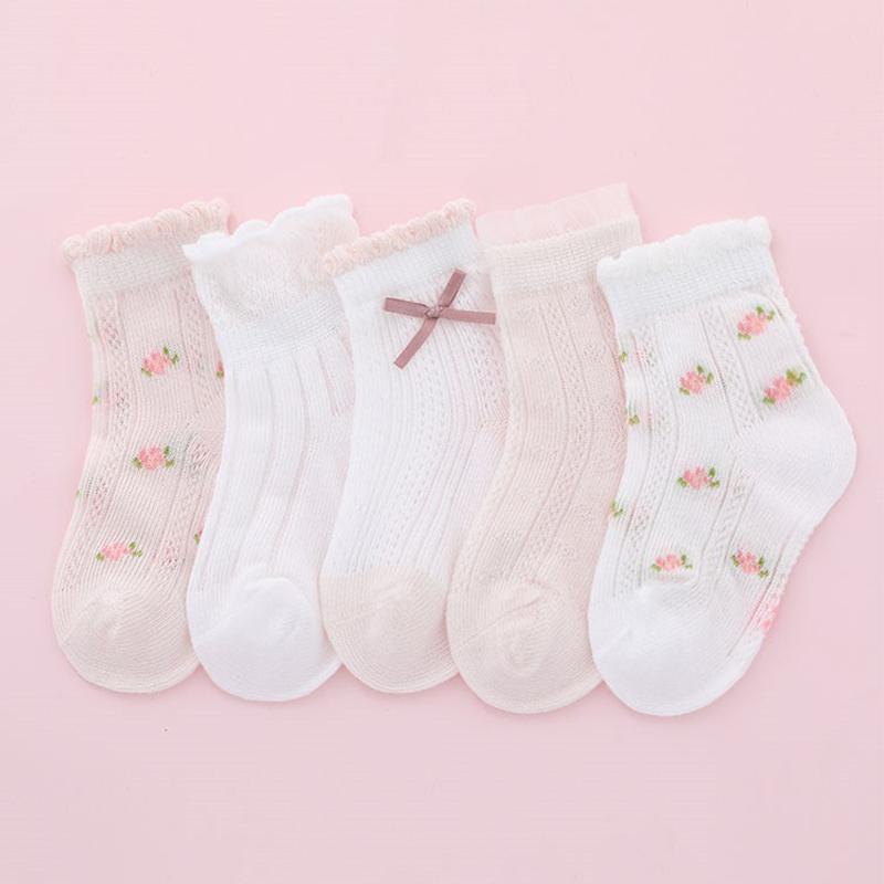 5Pairs/Lot Baby Socks Summer Mesh Thin Cotton Short Socks For Girls Kids Flower Strawberry Print Casual Sock