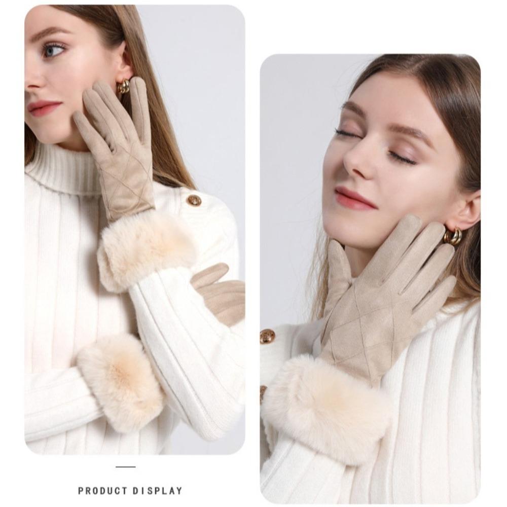 Plaid  Gloves Suede Women Cycling Mittens Retro Winter Fleece-lined Gloves  Driving
