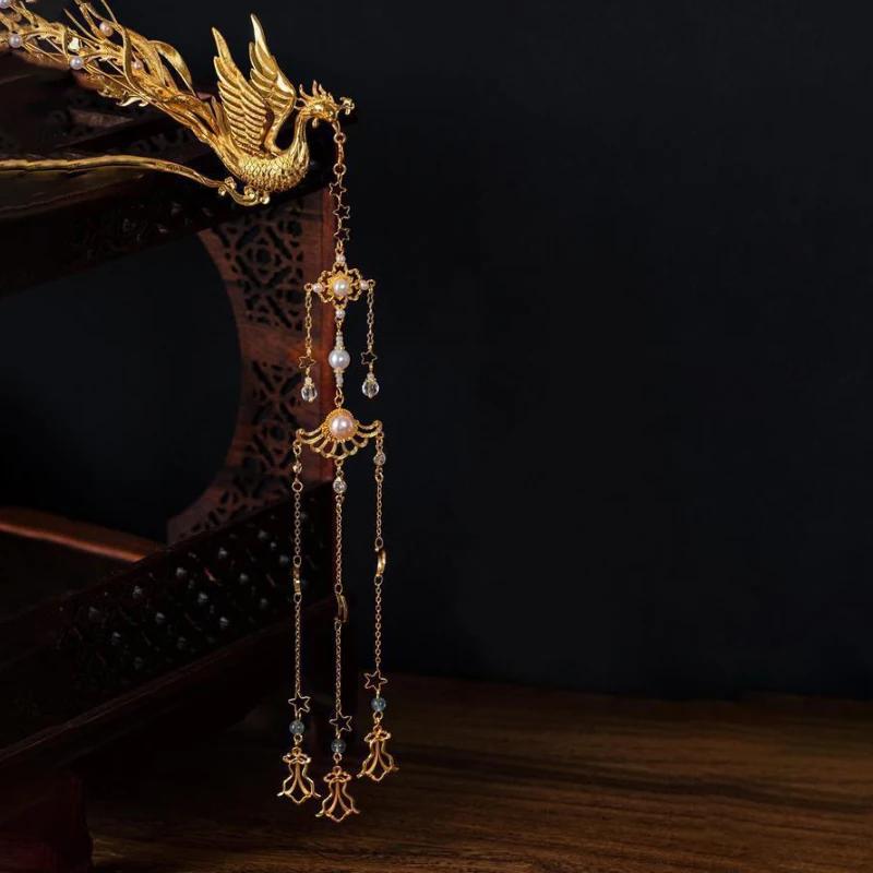 Original Design Three-dimensional Ancient Gold Craft Luxury Phoenix Tiara Ethnic Style Hair Jewelry Cheongsam Tassel Accessor