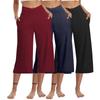 3 Pack Women Elastic High Waist 3/4 Pant Casual Active  Fit Wide Capris Leg Pants Trousers With Pockets