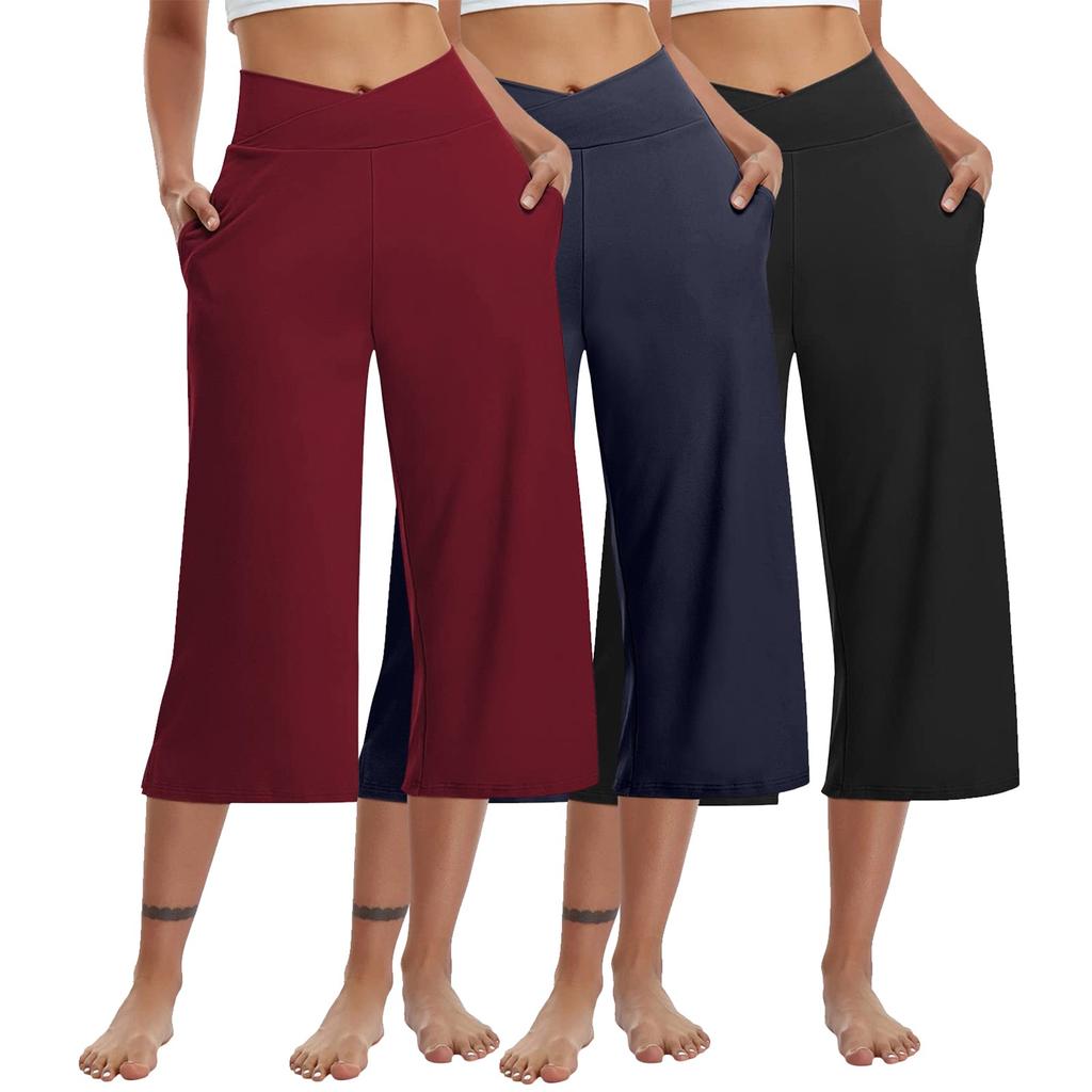 3 Pack Women Elastic High Waist 3/4 Pant Casual Active  Fit Wide Capris Leg Pants Trousers With Pockets