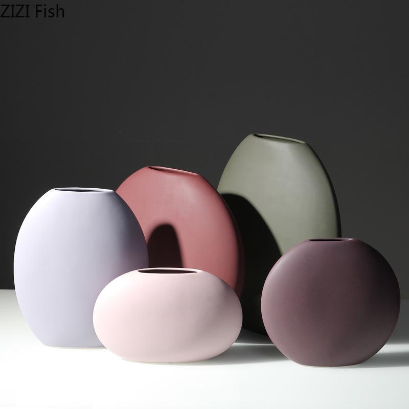 Minimalist Flat Ceramic Vase Creative Round Plant Pots Table Decoration Flowers Arrangement Floral Vases Room Aesthetic Decor