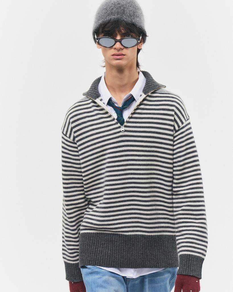 Beullusseonpeullawo Merino Wool Striped Half Knit Zip-Up - Gray