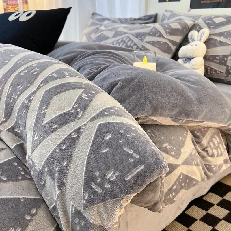 Winter Dickes Bedrucktes Milchsamt Vier-Teile-Set Bequem und Warm Kurzplüsch-Bettbezug 3-teiliges Set Kinderbettlaken