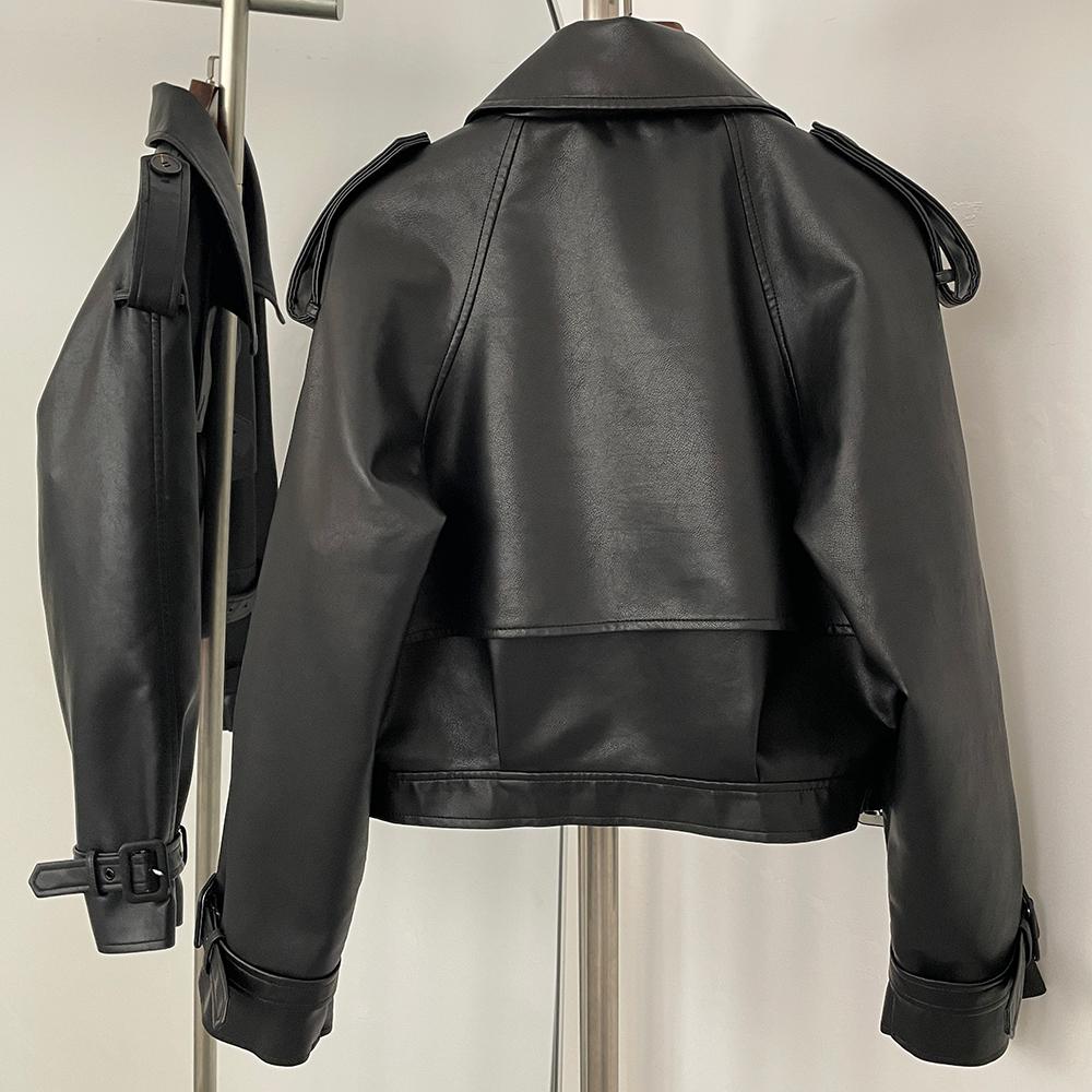 OFTBUY Dámská vintage volná krátká bunda z umělé kůže s páskem na motorku, dámská retro moto bikerská bunda, svrchní prádlo, topy